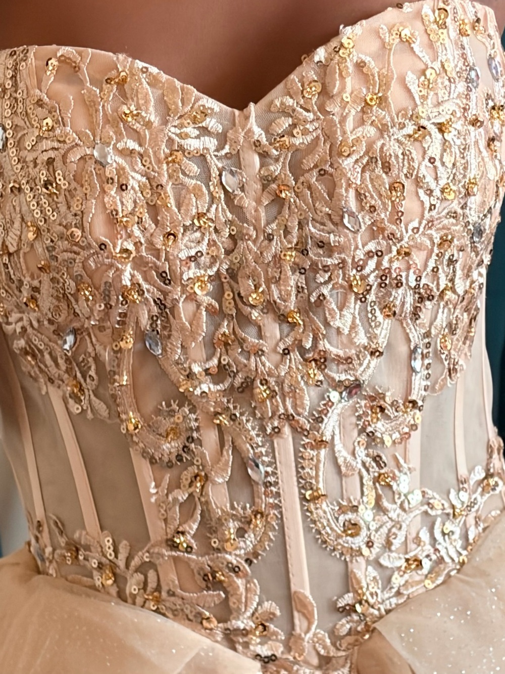 Embellished Strapless Evening Dress in Blush with Gold Sequins